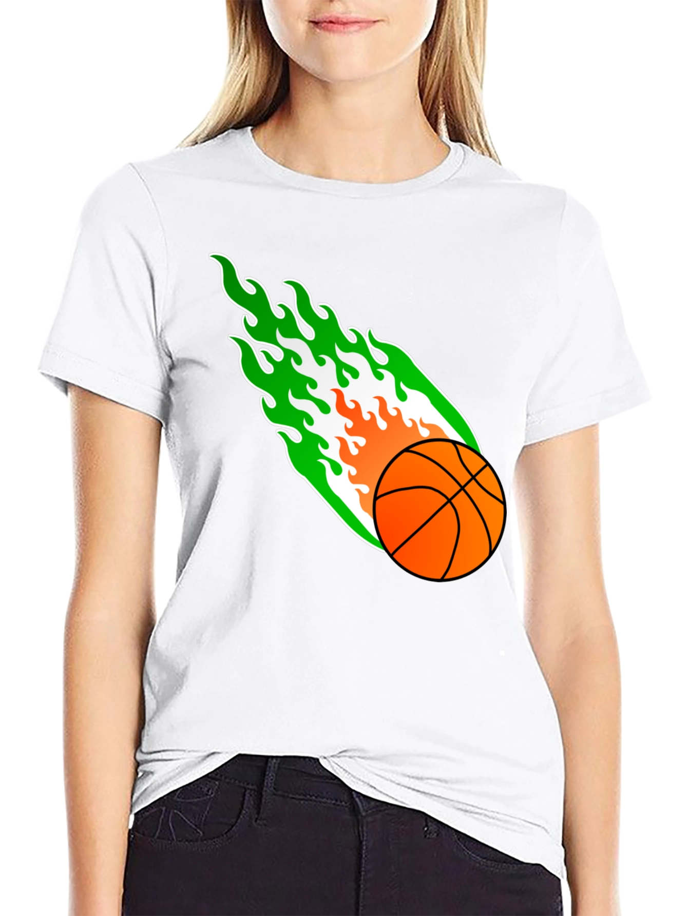 Flaming Basketball Graphic Tee - Black Cotton Shirt