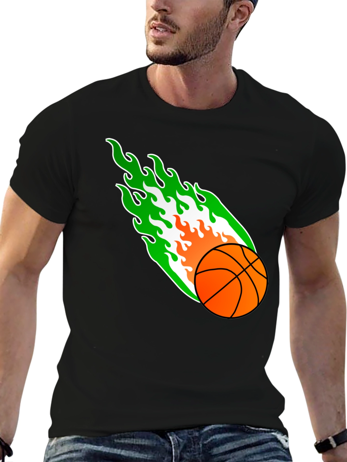 Flaming Basketball Graphic Tee - Black Cotton Shirt