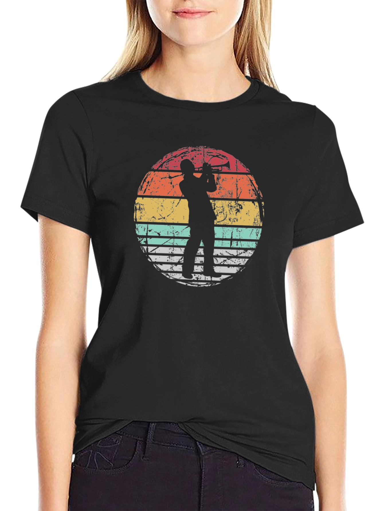 Retro Trumpet Player Graphic Tee - Black Cotton T-Shirt