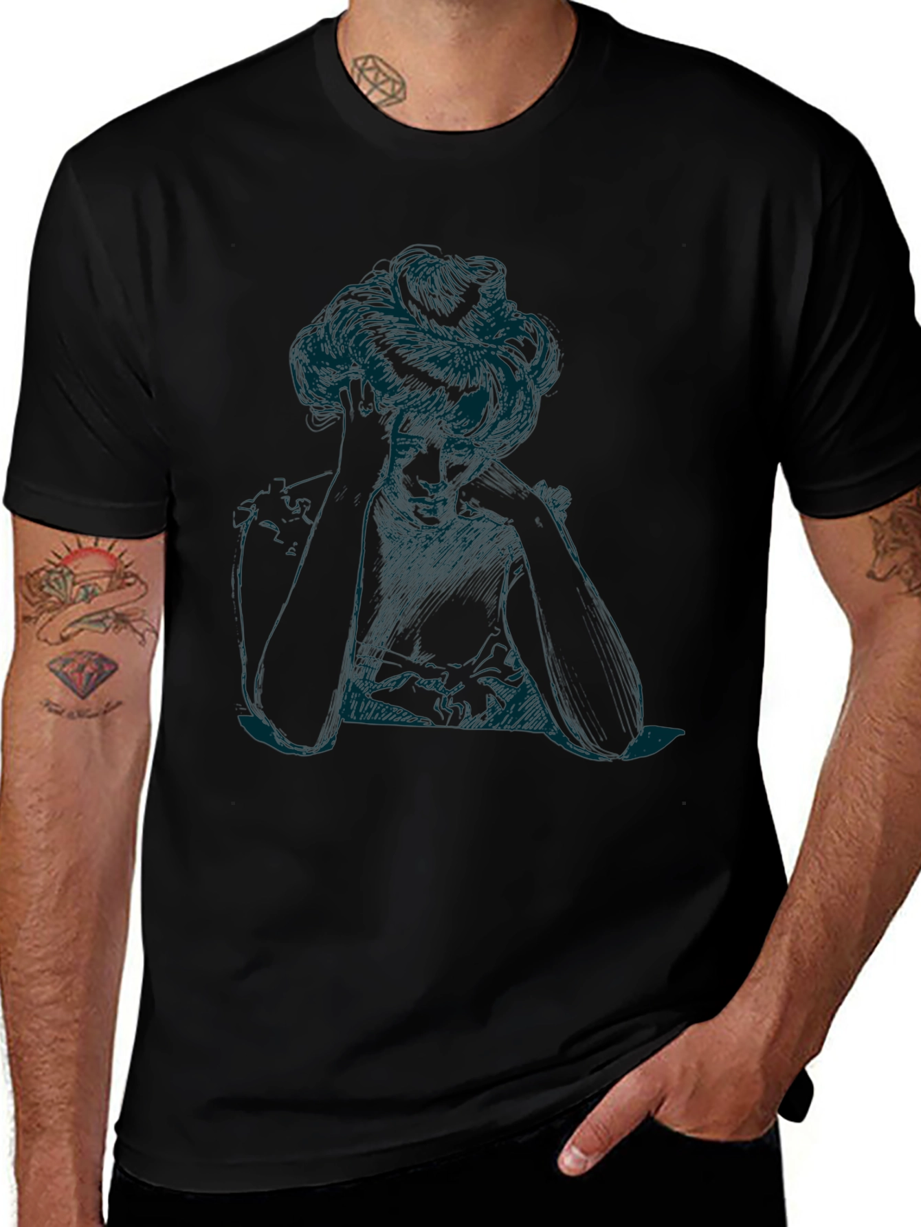 Elegant Woman Sketch Black T-Shirt