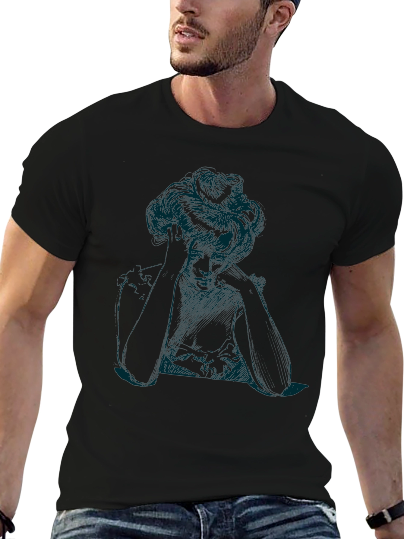 Elegant Woman Sketch Black T-Shirt